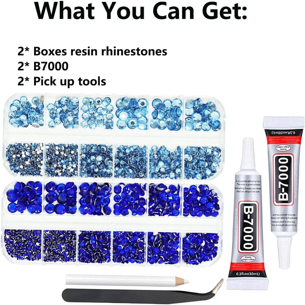 Light and Dark Blue Rhinestones with Glue(S8-S30) for Bedazzling,2mm-6mm Non-Hotfix Flatback Nail Gems Beads Baby and Navy Blue Gems Diamonds Kit, Nail Gems Beads for Bedazzling Crafts, DIY Art