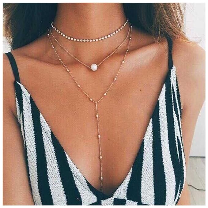 Bohemia Layered Y Lariat Choker Necklace Long Rhinestone Tennis Chain Necklace Floating Pearl Choker Necklace Gold Y Drop Necklace Chain Jewelry for Women and Girls