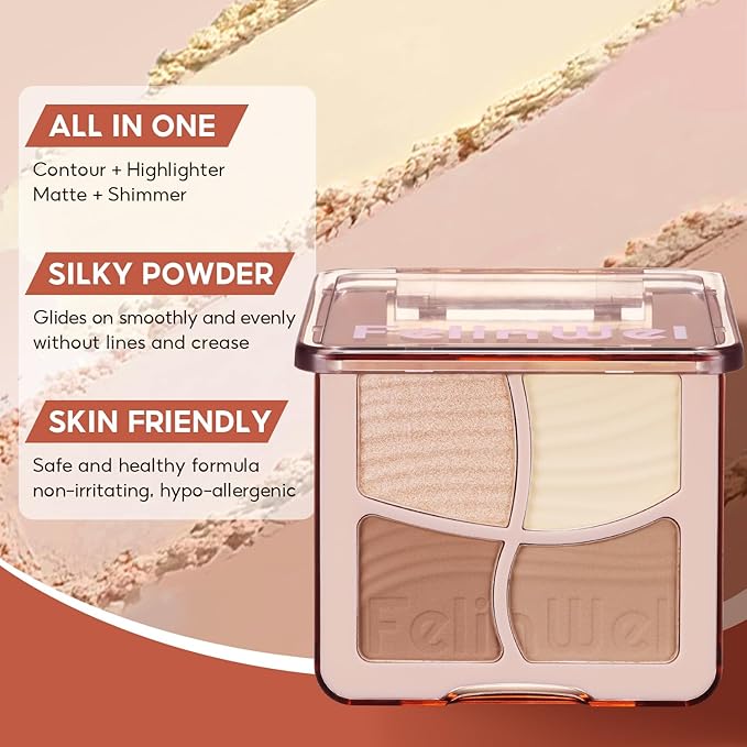 Highlight Contour Makeup Palette Effortless Blending Matte Shimmer Highlighter Palette and Bronzer Powder for Warm Toned Skin with Brush