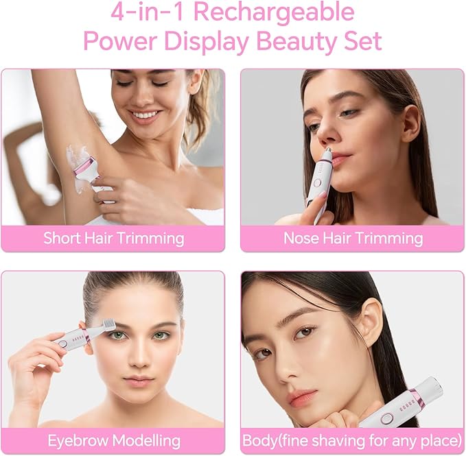 Electric Razor for Women, 4-in-1 Bikini Trimmer & Body Shaver for Nose Hair Face Eyebrow Arms Legs Armpit Underarm Pubic Area, Rechargeable Wet/Dry Painless Hair Removal