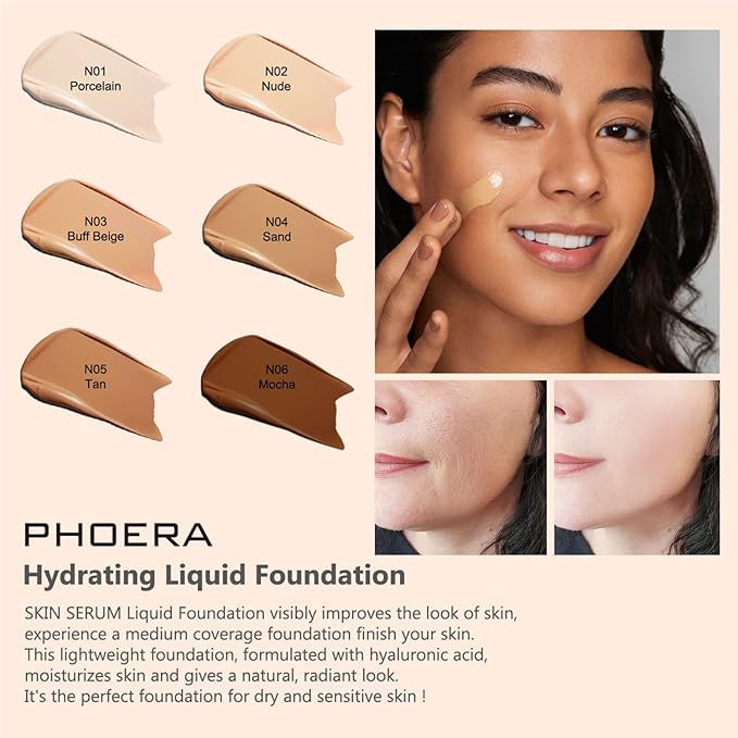 PHOERA Foundation Full Coverage,and Medium Coverage 2024 New PHOERA Foundation Makeup for Mature Skin, Lightweight Wrinkles Matte Natural Finish for a Flawless Complexion(101+N01/Porcelain+Porcelain)