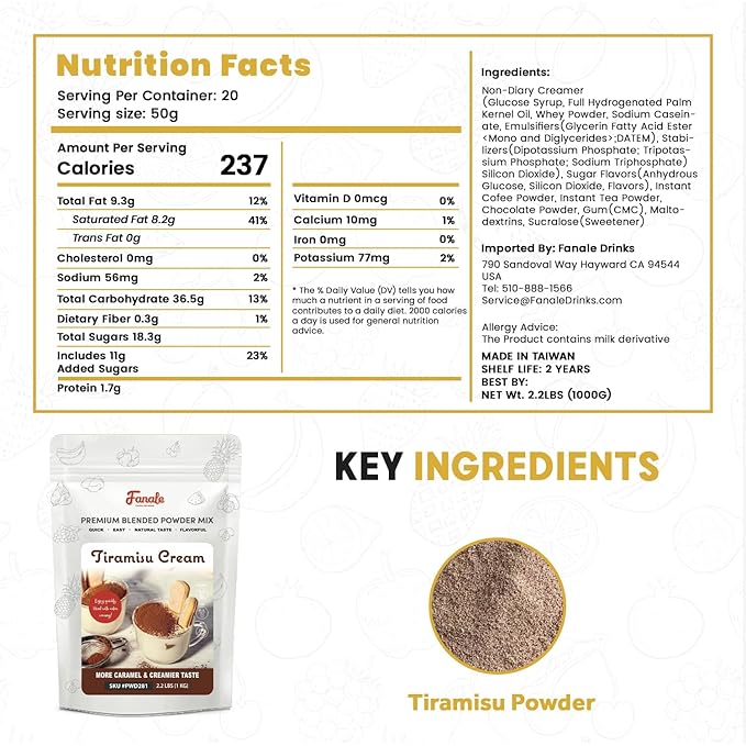Fanale Premium Tiramisu Bubble Tea Flavoring Powder | Perfect for Baking, Smoothies, Desserts and Drinks | Instant Flavoring Powder for Boba Milk Tea- 2.2 Pounds (Pack of 20).