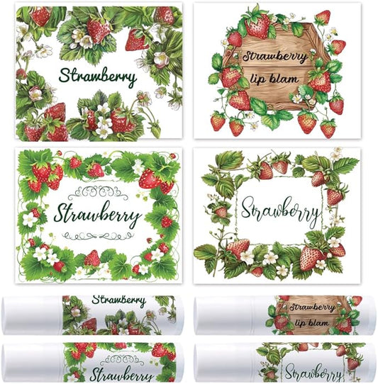OLYCRAFT 100Pcs Self-Adhesive Lip Balm Tag Stickers 2.1x1.7 inch Waterproof Adhesive Label with Strawberry Rectangle Lipstick Tag Sticker for Lip Balm Container Tubes Lipstick Wrapping Decoration