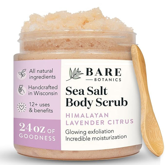 Bare Botanics Lavender Grapefruit Body Scrub 24 oz - Naturally Scented Himalayan Salt Scrub Made in Madison WI - Formulated w/Skin Loving Moisturizers - Cruelty Free Exfoliator w/a Cute Wooden Spoon