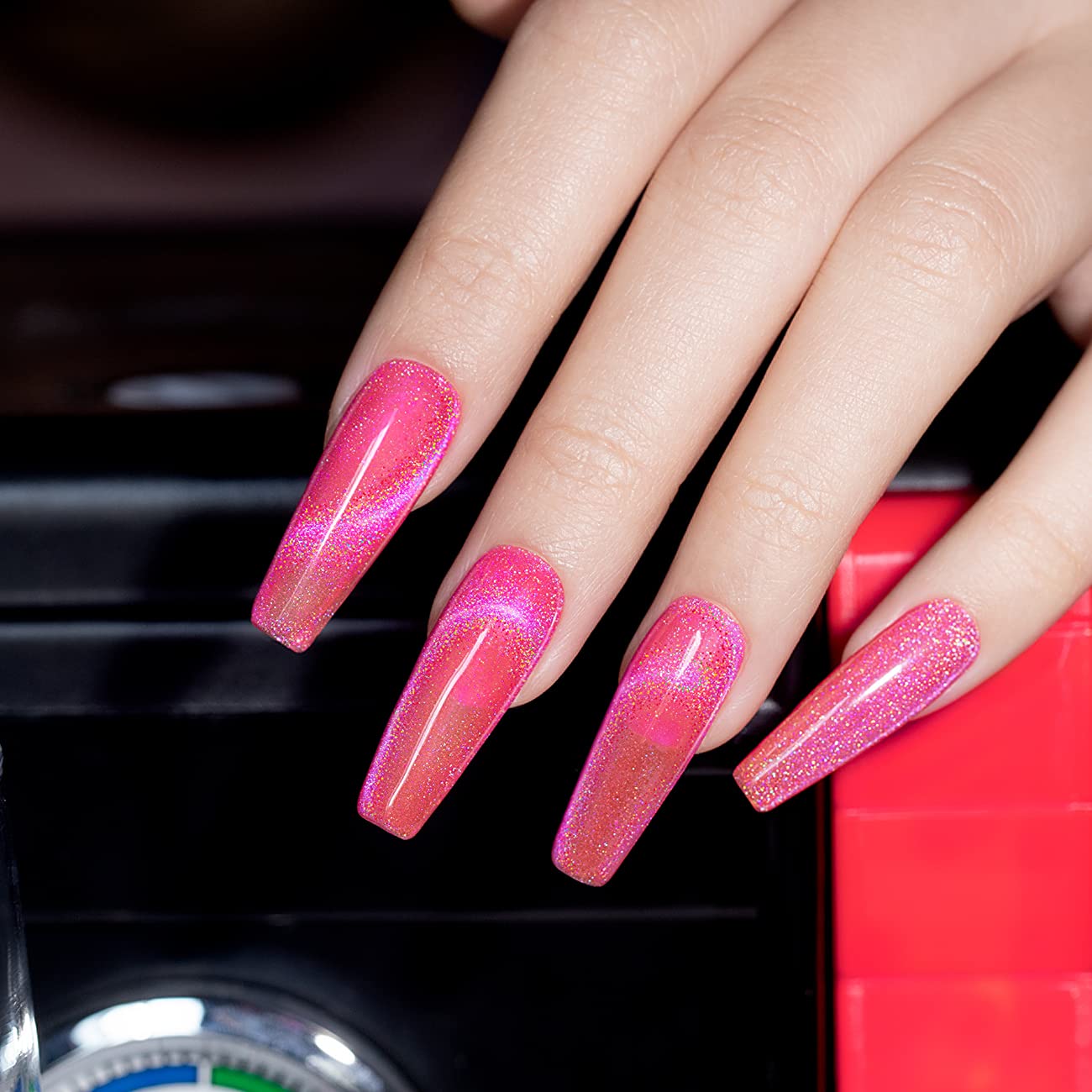 RARJSM Cat Eye Gel Nail Polish, Galaxy Chameleon Magnetic Gelpolish Hot Pink Holographic Glitter Gel Soak Off UV LED DIY Manicure Art for Salon Designs and Home DIY 7.5ML/0.26fl oz