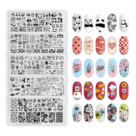 5PCS Nail Stamping Plates, Panda Teddy Bear Butterfly Coffee Pattern Stainless Steel Stencil, DIY Nail Art Template Tools