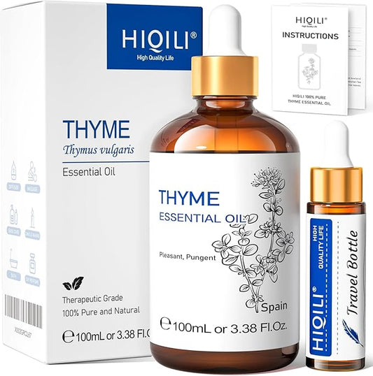 HIQILI 3.38 Fl Oz Thyme Essential Oil, 100% Pure Undiluted for Hair, Skin, Diffuser, Aromatherapy, Includes 10ML Travel Bottle - 100ML