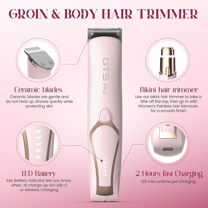 Bikini Trimmer for Women Electric Razor 2 Pack Dual Head Body & Facial Hair Remover -Waterproof USB Rechargeable with Replacement Ceramic Blades, Travel Pouch & Packaging Box(Pink)