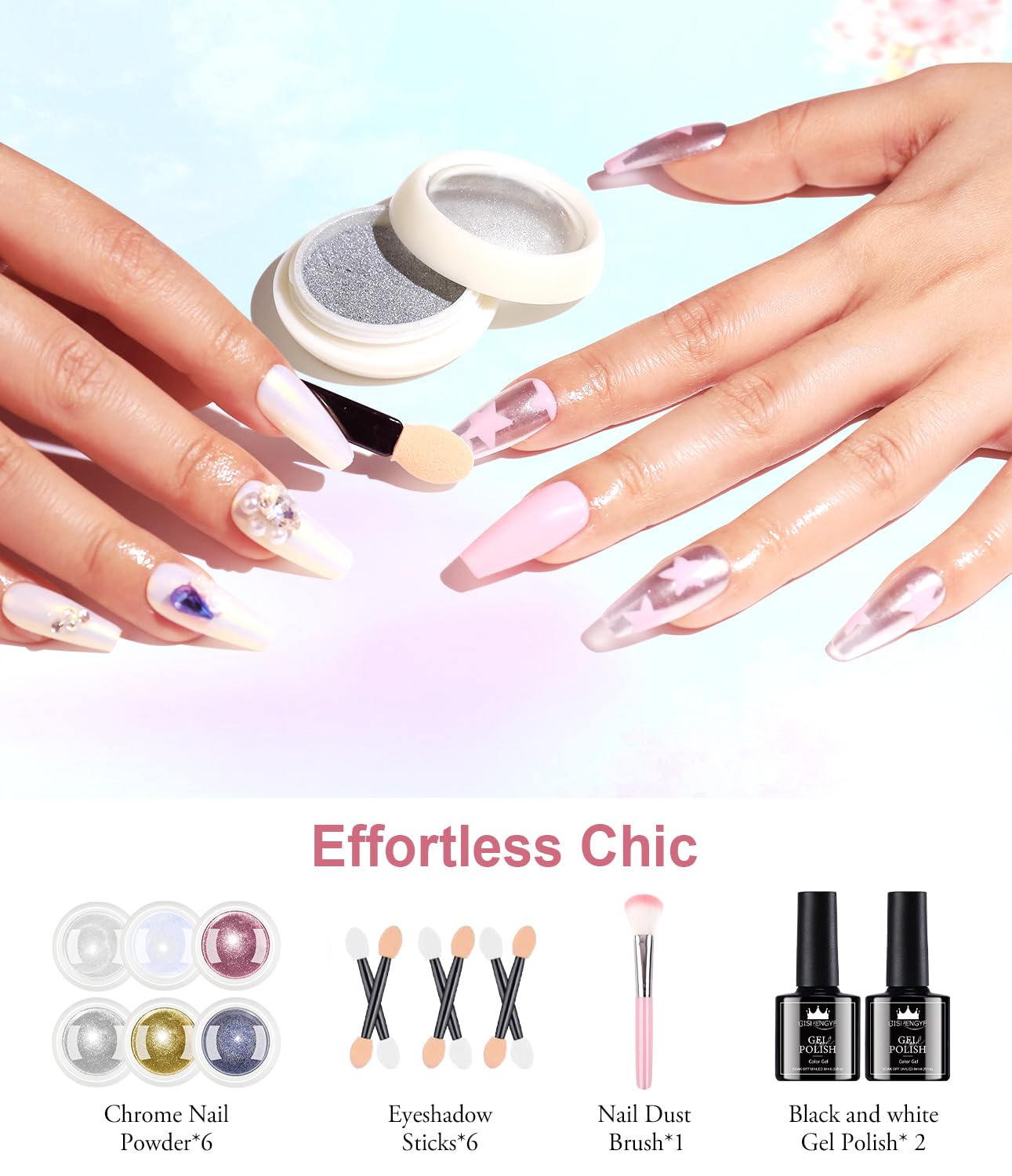 Chrome Nail Powder Kit - Black White Colors Gel Polish Mirror Metallic Effect Holographic Aurora Iridescent Pearlescent Manicure White Pearl Chrome Nail Powder for Nails DIY