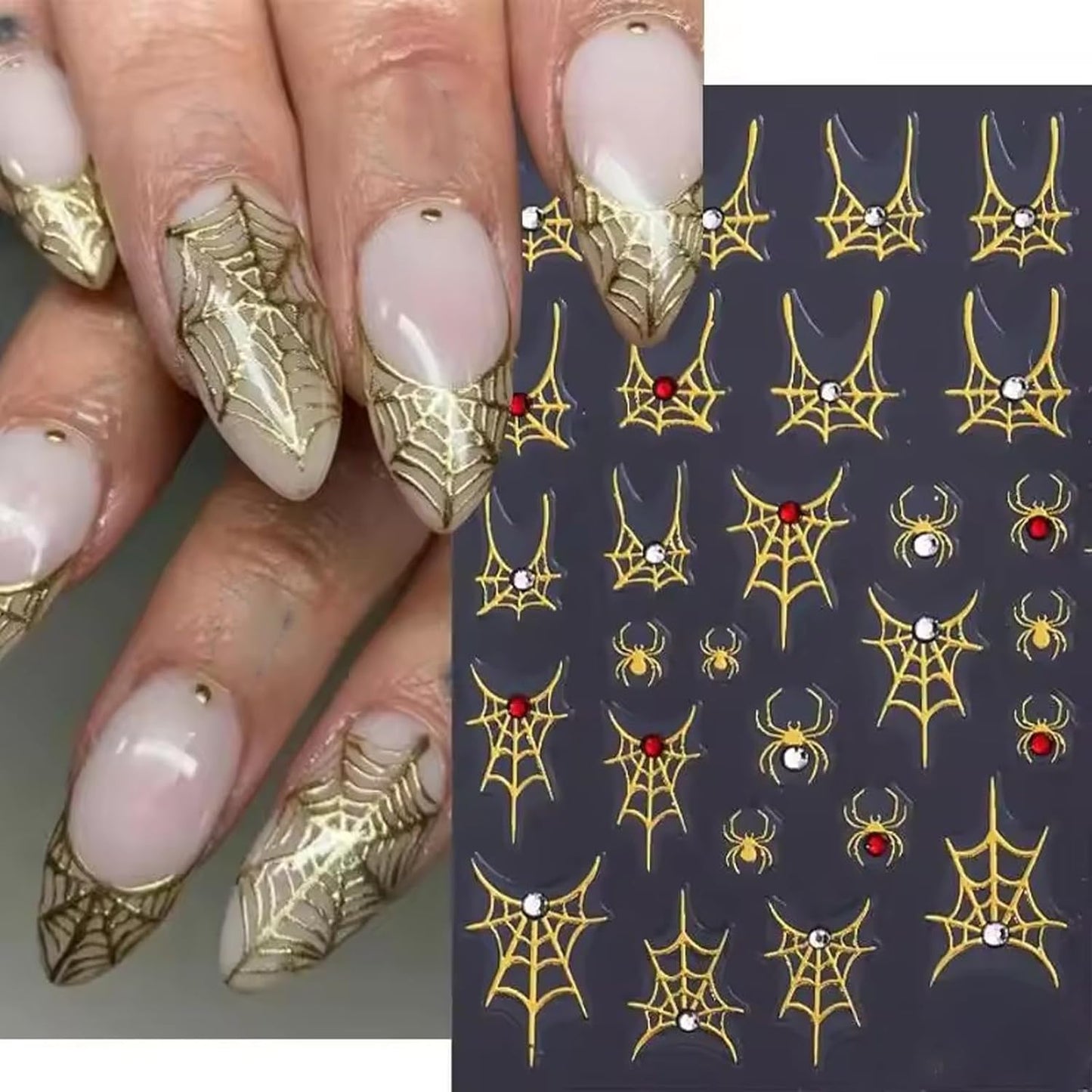 SILPECWEE 6 Sheets Halloween Nail Art Stickers, 3D Metal Nail Stickers Diamond Spider Web Nails Art Design Decal Manicure Sticker for Women Girl DIY Holiday Decoration