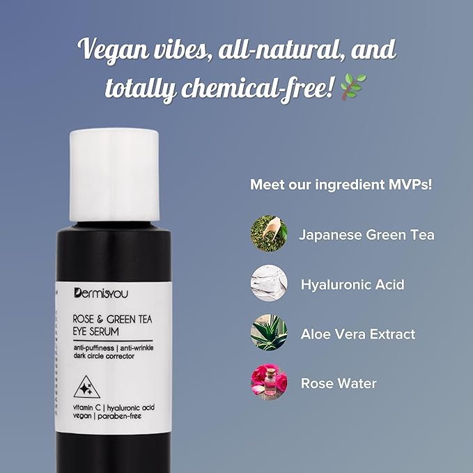 Eye Serum Anti Aging Rose and Green Tea 1.33 OZ with Hyaluronic Acid, Vitamin C and E Anti Puffiness, Anti Wrinkle, Dark Circles Skin Care Products (PACKAGING MAY VARY)