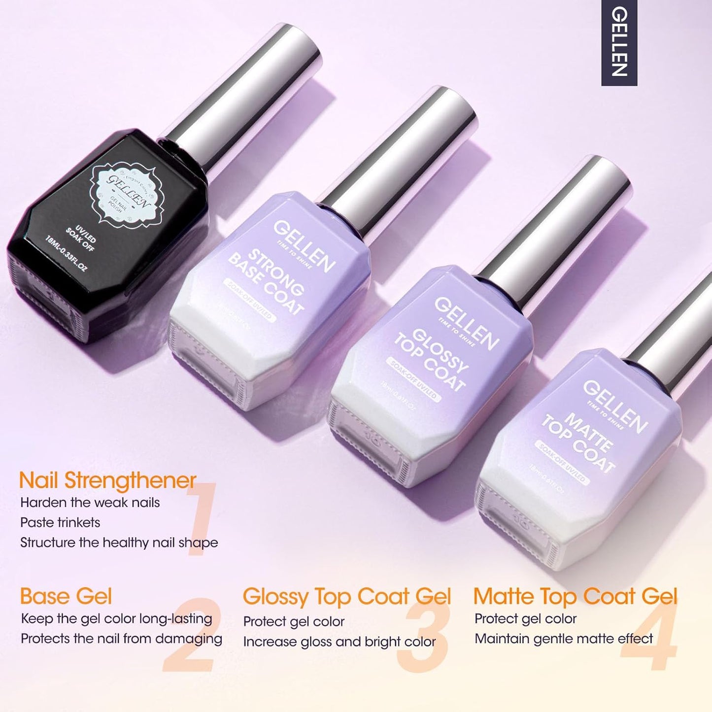 GELLEN 4Pcs Gel Top Coat and Base Coat with Nail Strengthener Set for Gel Nail Polish, 18ml Soak Off Nail Lamp Clear Nail Polish Set