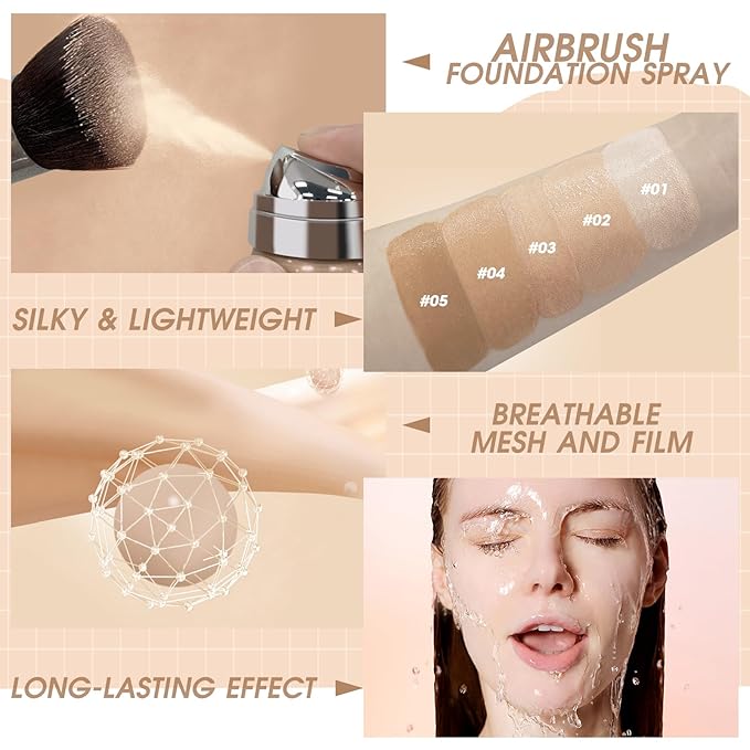 AirBrush Foundation Spray, Silky Mist Foundation Spray Makeup Set with Brush, Full Coverage Foundation for Smooth Radiant Finish, Formula Breathable Lightweight Hydrating | #02 Nude