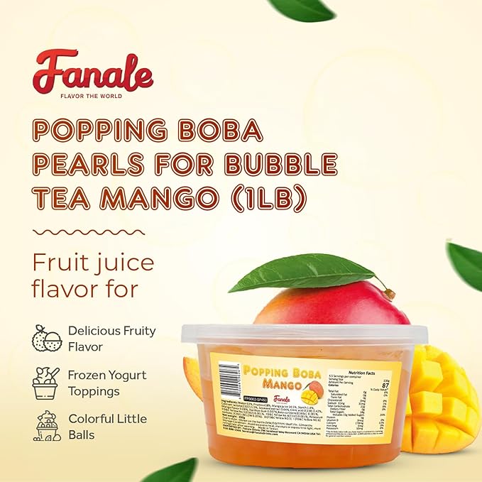 Fanale Mango Popping Boba Pearls, Vegan, Non GMO, Gluten Free, Fat Free, Perfect for Bubble Tea, Smoothies, Ice Cream, Desserts, and Beverages.