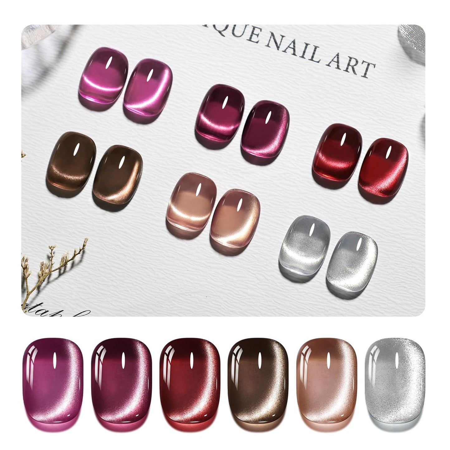 JODSONE 10ml Cat Eye Gel Nail Polish Set Purple Red Sliver Collection 6 Colors for Holographic Glitter Cat Eye with Magnet at Home DIY Design Gift for Girls