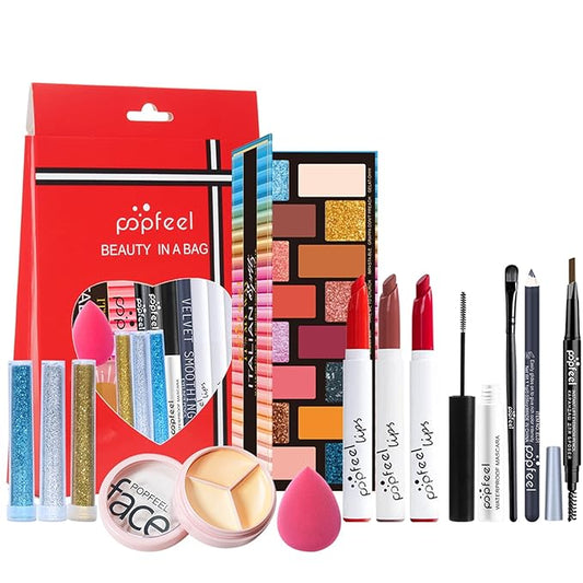 All-in-one Holiday Makeup Gift Set | Full Makeup Kit for Women Multipurpose Essential Bundle Include Eyeshadow Palette Lipstick Blush Concealer Face Powder Eyeliner Mascara Lipgloss Brush