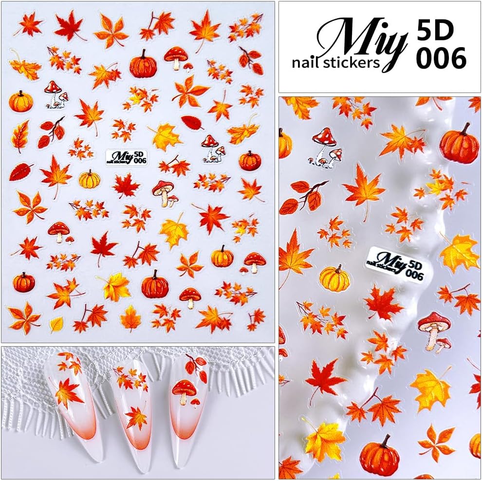 Fall Nail Art Stickers - 5D Miniature Sculpture Fall Pumpkin Nail Decals - 2PCS Manicure Maple Leaves Squirrel Mushroom Nail Art Supplies Autumn Acrylic Nail Art Decoration for Women