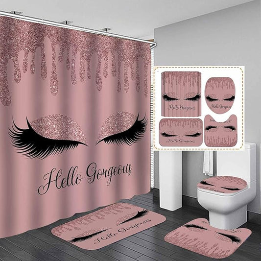 4PCS Rose Gold Glitter Hello Gorgeous Shower Curtain Set, Bling Unicorn Eyelash Makeup Glam Fashion Girly Teenage Girls Women Pink Bathroom Decor, Fabric Shower Curtain, Bath Mat Toilet Rug
