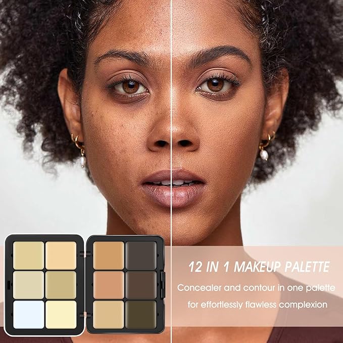 12 Colors Cream [Contour+Concealer] Makeup Palette for Cheeks - Multi-functional Makeup Palette with Brush, Natural Matte Long Wearing, Waterproof Blendable Face Makeup Palette (#03)