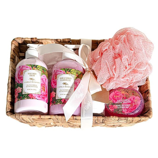 Camille Beckman Essentials Gift Basket, Glycerine Rosewater, Glycerine Hand Therapy 6 oz, Silky Body Cream 13 oz, Hand and Shower Cleansing Gel 13 oz, Glycerine Soap 3.5 oz
