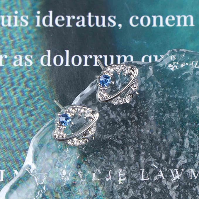 Boho Crystal Saturn Earrings Cz Orb Planet Earrings Silver Rhinestone Circle Earrings Tiny Sapphire Stud Earrings Jewelry for Women and Girls