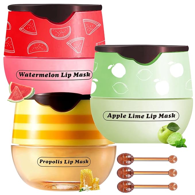 3 PCS Lip Balm Honey Pot, Honey & Apple Lime & Watermelem Lip Mask Vitamin E & Moisturizing Propolis Sleeping Lip Mask Prevention Dry and Cracked Lip Scrubs Exfoliator, Christmas Gifts