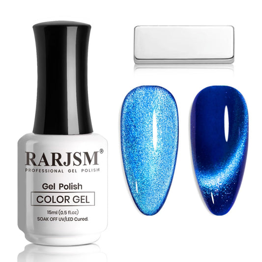 RARJSM Magnetic Cat Eye Gel Nail Polish Blue Silver Glitter 15ml 9D Cateye Galaxy Universal Shimmer Velvet Ice Gel Polish Single Bottle with Magnet Stick UV LED Curing Require Soak Off Home Salon