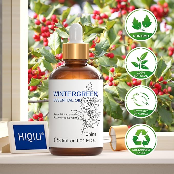 HIQILI 1 Fl Oz Wintergreen Essential Oil, 100% Pure Natural for Skin, Diffuser - 30ml