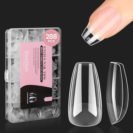 Beetles Gel Nail Tips Short Coffin Pre-Etched Nail Tips, 12 Sizes 288 Pcs Full Cover Soft Tips Half Matte False Nails Clear Acrylic Glue on Nails Extension DIY Manicure Gifts for Women
