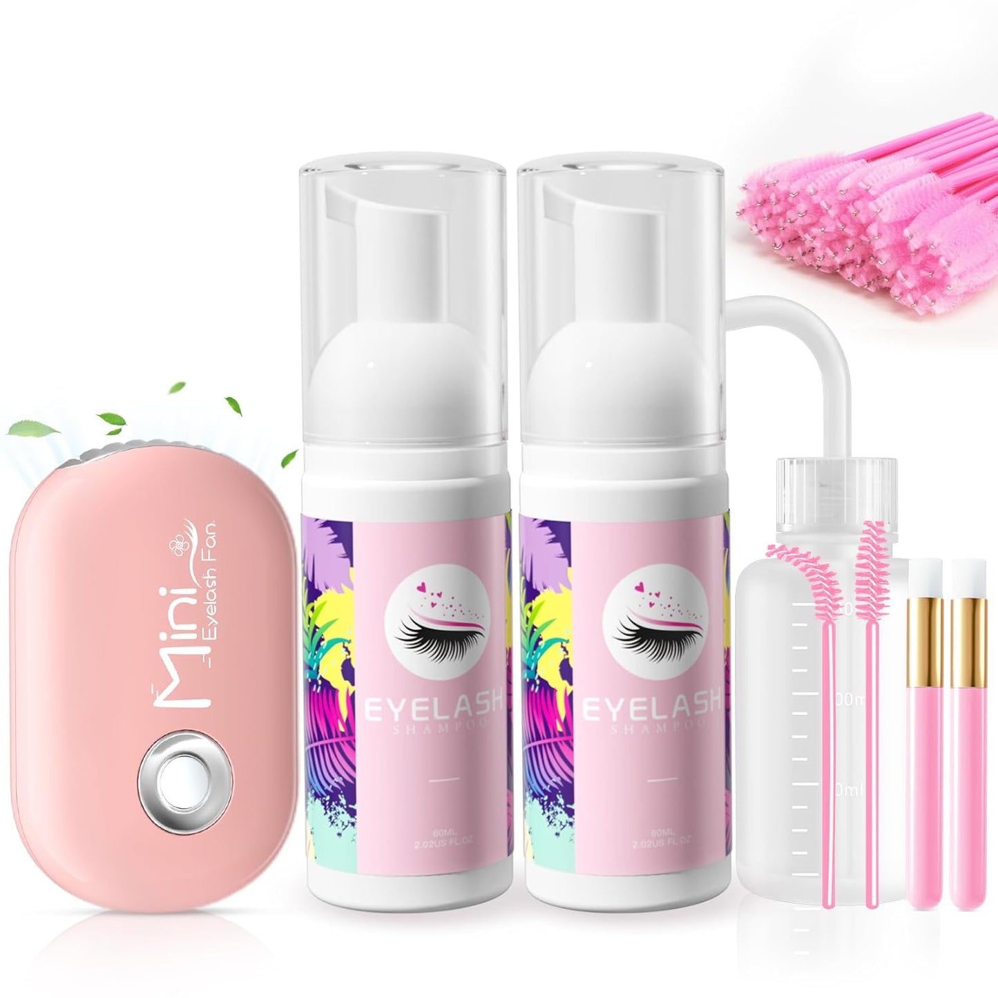 Buqikma Lash Cleaning Kit - 2PCS Lash Shampoo Eyelash Wash Kit with Fan Dryer Rinse Bottle for Eyelash Extensions Cleanser Mascara Remover Cleaning Brush for Lashes Extension Cleaner at Home Salon