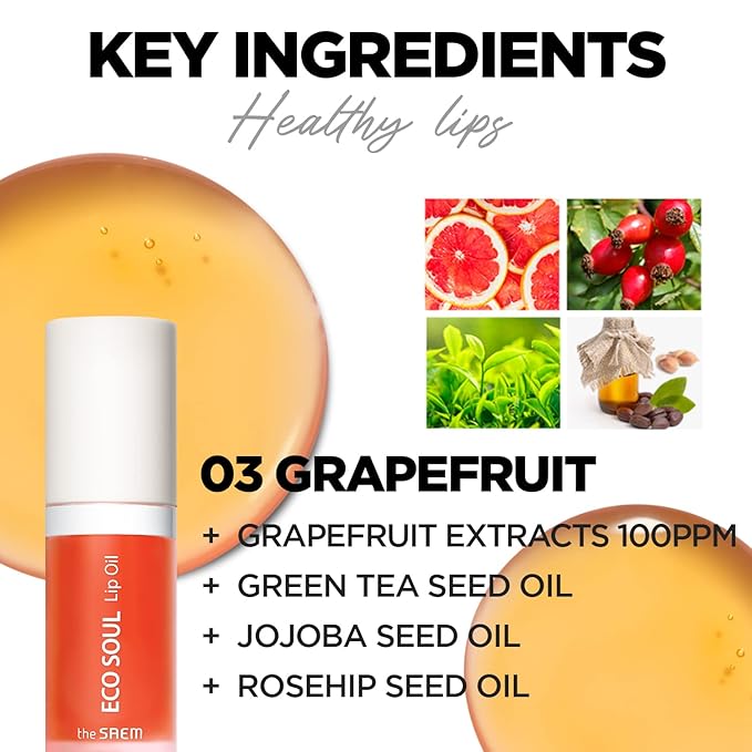THESAEM Eco Soul Lip Oil 03 Grapefruit - Plumping & Hydrating Lip Oil to Nourish & Moisturize Lips – Grapefruit Extract & Jojoba Oil - Lips Soft & Glossy for Dry Lips, 0.21 fl.oz.