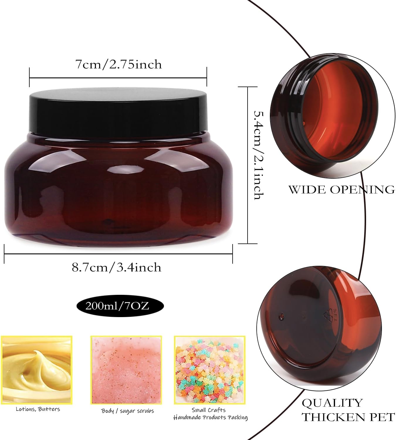 Amber Plastic Jars with Lids, 12 Pack Brown Body Scrub Jars Empty Refillable Containers Round Low Profile Samples Jars for Lotion, Body Butter, Sugar Scrub, Cream (7 OZ)