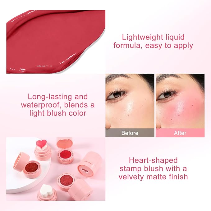 Boobeen Liquid Blush for Cheeks, Buildable & Blendable Face Blusher, Cheek Stamp Blush with Heart-shaped Applicator, Lightweight Air Cushion Blush for Velvet Matte Finish