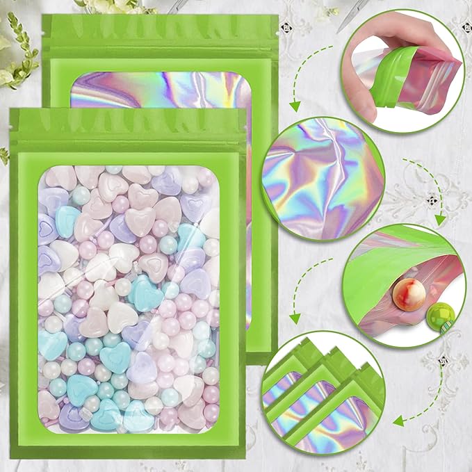 100 Pack Holographic Bags,Smell Proof Packaging Bags, Clear Window Resealable Odor Foil Pouch Mylar Bags for Food Storage and Lipgloss, Jewelry Lash(Green, 2.4 x 3.9 Inch)