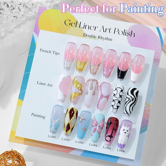 Double Rhythm 6 Pcs 15 ML Gel Liner Polish Nail Art Set Chrome Metallic Glitter Soak Off Gel Polish Kit Nail Art Manicure Salon DIY at Home for Women (Gold Silver Black White-T6-52)