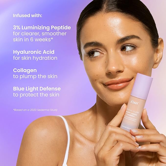 JOAH Peptide Infused Foundation, 2-1 Korean Face Makeup with Blurring Face Primer, Luminizer, Hydration & Skin Defense for a Lightweight Finish, Buildable Medium Coverage, 1.01 Oz, Deep Warm