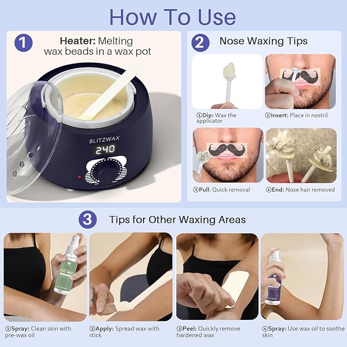 BLITZWAX Brazilian and Bikini Waxing Kit for Men, Hard Wax Warmer for Face, Legs, and Body, At Home Hair Removal Kit, Beginner Friendly, Quick Heating, 30 Nose Wax Sticks