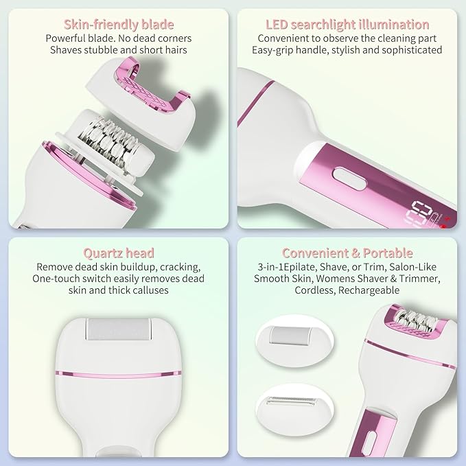 Epilator for Women 3-in-1 Epilator, Body Hair Removal Device,Wet/Dry, Waterproof, Cordless Rechargeable Electric Trimmer & Shaver & Callus Remover for Women & Men 606 Pink
