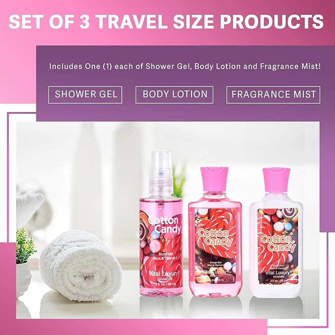 Bath & Body Care Travel Set - Home Spa Set with Body Lotion, Shower Gel and Fragrance Mist, Valentines Day Gifts for Her and Him(Cotton Candy)