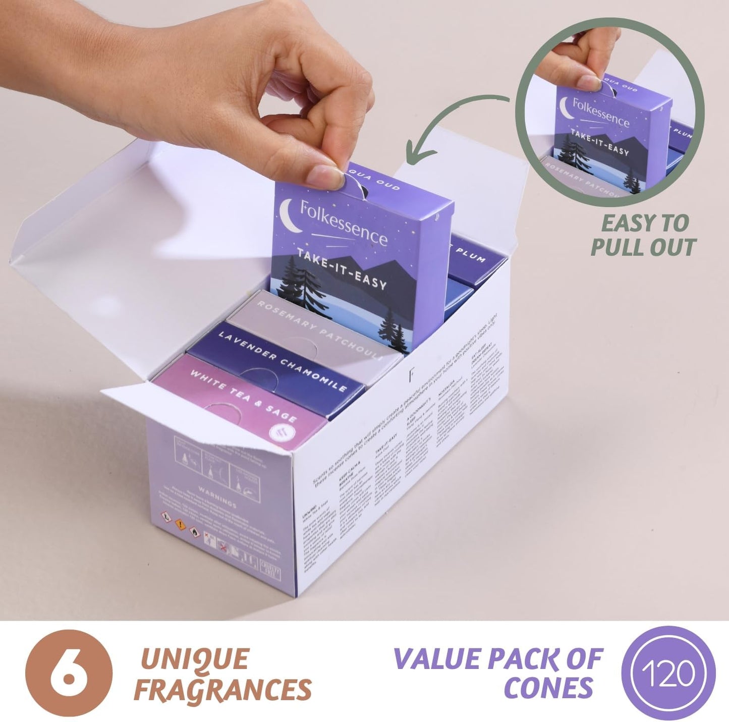 Folkulture Incense Cones Scented | Set of 6 Fragrances (120 Cones) with Incense Cones Holder for Relaxation | Rosemary Jasmine, Patchouli Incense, Lavender Incense Variety Pack | Inscents-Cones