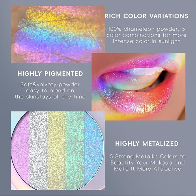 Chameleon Face Highlighter Palette, Glitter Metallic Rainbow Eyeshadow Holographic Sparkling Long Lasting Color Shifting Inner Corner Eye Brightener Illuminator Shimmer Highlighter Makeup
