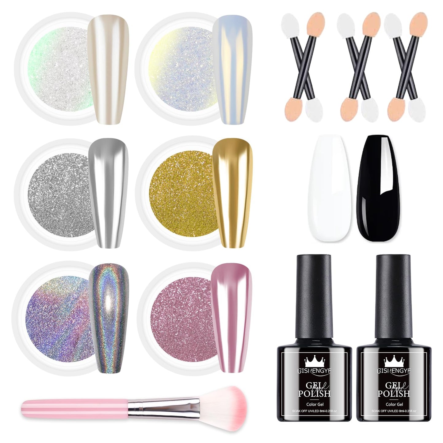 Chrome Nail Powder Kit - Black White Colors Gel Polish Mirror Metallic Effect Holographic Aurora Iridescent Pearlescent Manicure White Pearl Chrome Nail Powder for Nails DIY