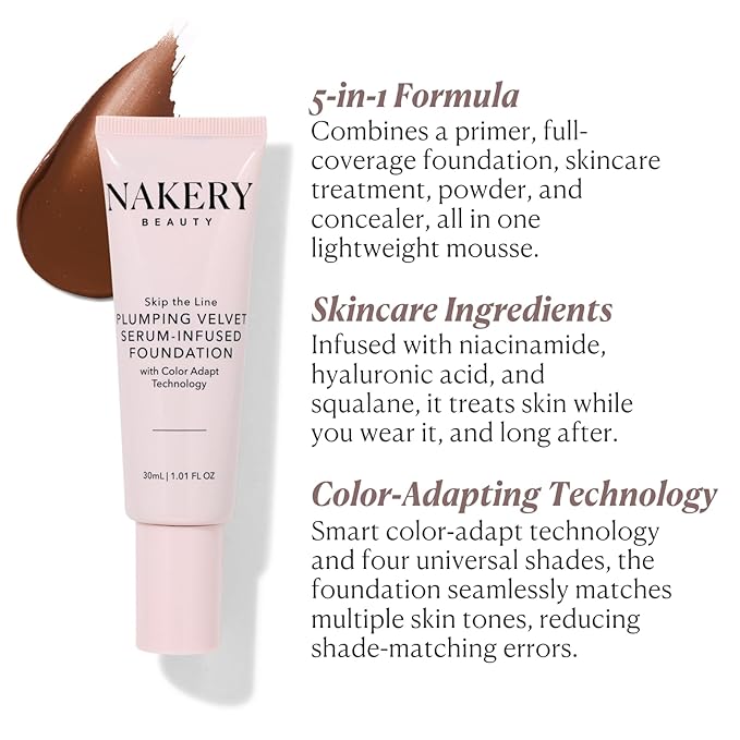 Nakery Full Coverage Foundation for Women - 5 in 1 Plumping Liquid Foundation Makeup - Serum Infused Makeup Foundation Smart Color Adapt with Niacinamide & Hyaluronic Acid for All Skin Types - Deep