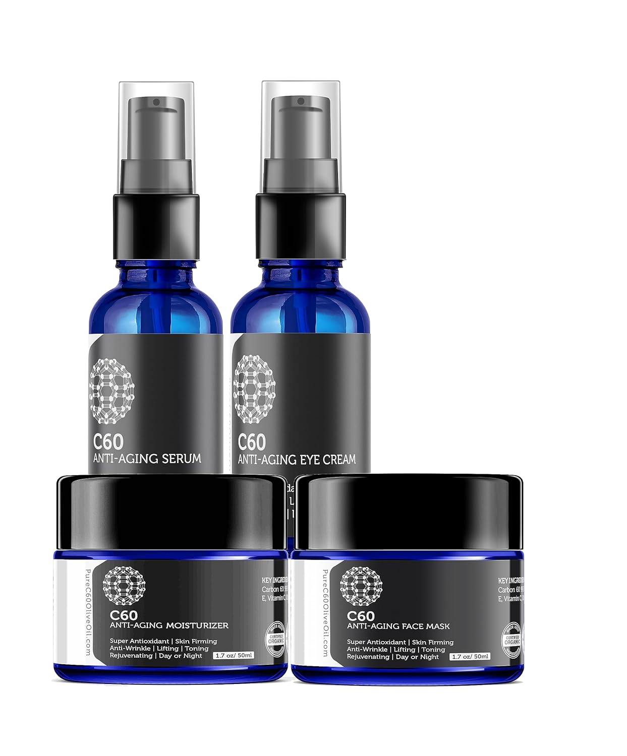C60 Complete Skin Care Solution - Anti Aging Moisturizer, Mask, Eye Cream and Serum with Carbon 60 Superantioxidant - Brightening for Dark Spots, Even Skin Tone, Eye Area, Fine Lines & Wrinkles