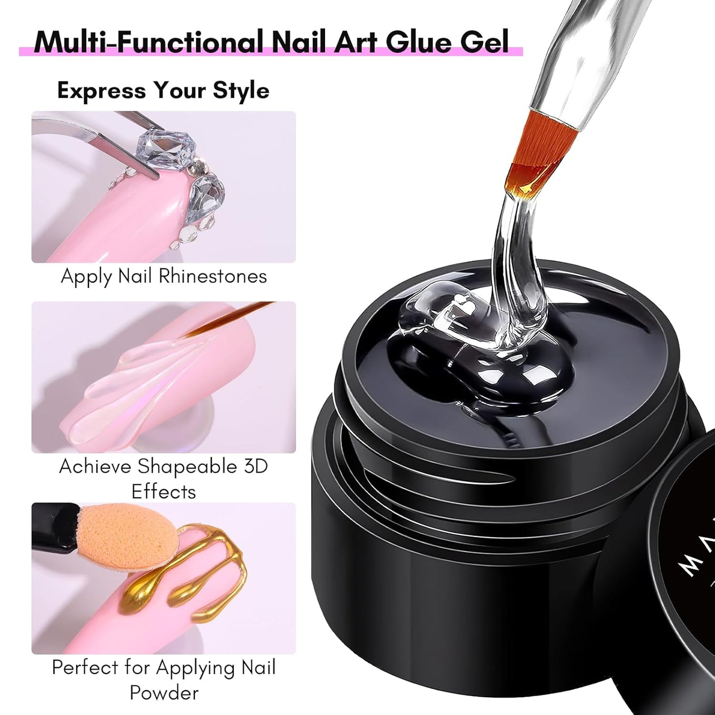 Makartt Nail Rhinestone Glue Gel with Brush Pen Set, 15ml Clear Nail Gem Glue Wipe-Off Super Strong Adhesive Nail Art Glue Gel for Nail Decorations 3D Stones Charms Flowers, Nail Lamp Needed