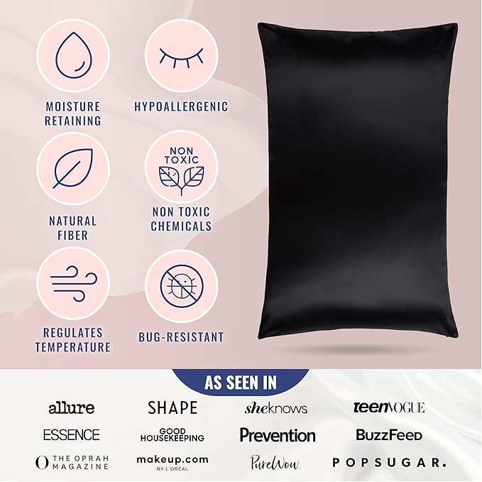 Blissy Silk Pillowcase - 100% Pure Mulberry Silk - 22 Momme 6A High-Grade Fibers - Silk Pillow Cover for Hair & Skin - Regular, Queen & King (Black, Standard)