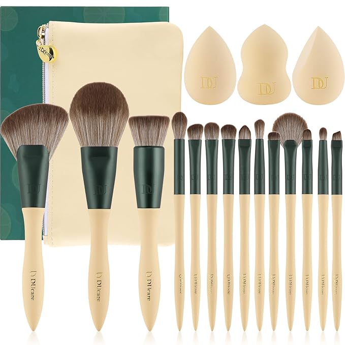 DUcare Makeup Brushes 14Pcs with 3Pcs Makeup Spong & Cosmetic Bag - Lime Mojito Series Makeup Brush Set for Foundation Blending Face Powder Blush Concealers Eye Shadows