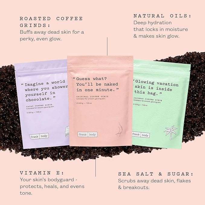Frank Body Scrub Variety Pack | Natural, Vegan, Cruelty Free Exfoliating Body Scrub | Includes Original Coffee, Cacao, & Coconut Coffee Scrubs | 3 x 7.05 oz / 200 g