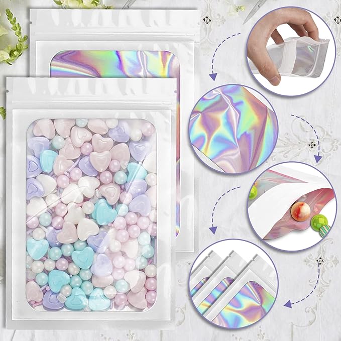 100 Pack Holographic Bags, Smell Proof Packaging Bags, Clear Window Resealable Odor Foil Pouch Mylar Bag for Food Storage and Lipgloss, Jewelry Lash (White, 3 x 4.7 Inch)