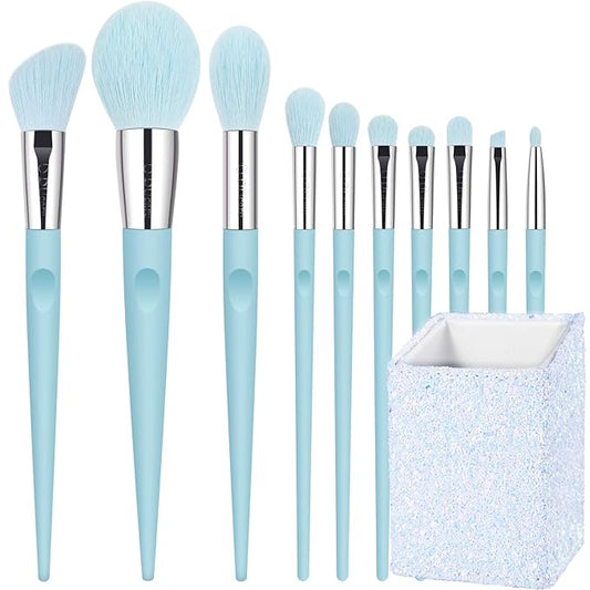 DUcare Makeup Brushes with Holder - 10Pcs Professional Synthetic Make Up Brushes Set for Blush Concealer Foundation Bronzer Powder Eyebrow Contour Eyeshadow Blending Makeup Brush Set, Ice Lake Blue